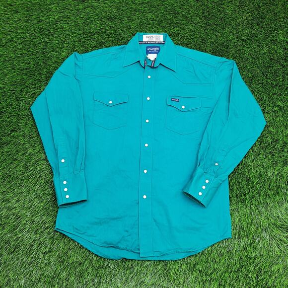 Vintage Wrangler Western Pearl-Snap Shirt Large 22x30 Teal - Picture 1 of 13